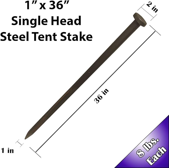 Single Head Metal Tent Stakes Heavy Duty Steel Ground Stake, Versatile Spikes to Anchor Commercial Inflatables, Event Party Tents, and Outdoor Camping Shelters, 1 x 36 Inch, 25 Pack