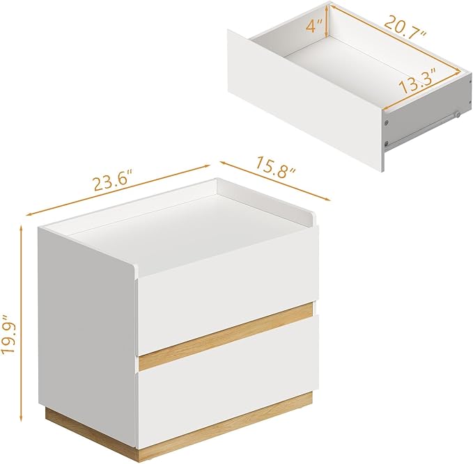 Large Modern Nightstand White Bedside Table, 2 Drawer Dresser Wood Stackable Storage Drawers for Clothes for Closet, Bedroom, 24"x16"x20"