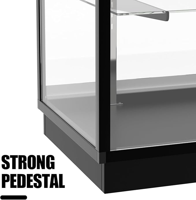 48”D * 20”W * 38”H - Freestanding Retail LED Full Vision Glass Display Case, Black Aluminum Frame, Two Adjustable Height Tempered Glass Shelves