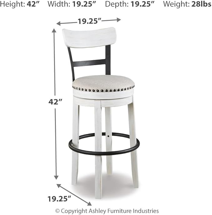 Signature Design by Ashley Valebeck Tall Upholstered Swivel Barstool, Cushioned Seat, Nailhead Trim, Wood and Metal, 30" H, Whitewash