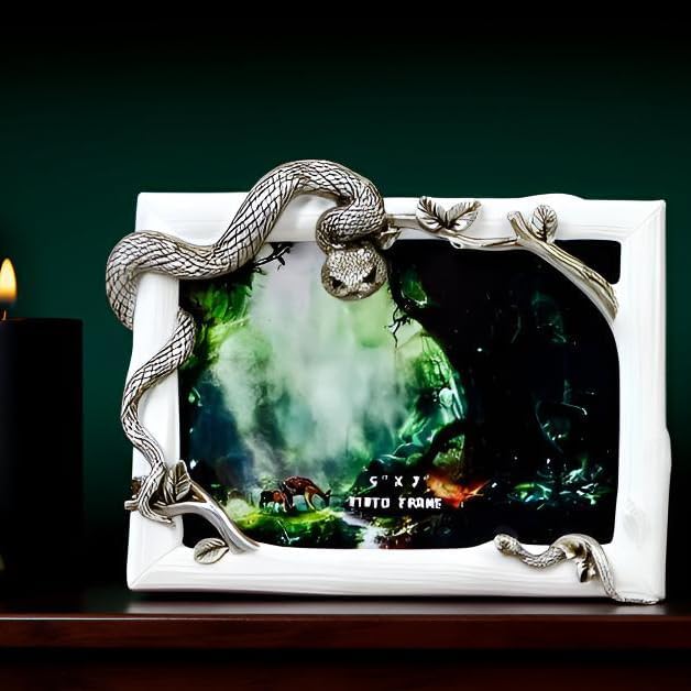 Decorative Snake Resin Picture Frame - 5x7 Inch Tabletop Photo Display with Mother & Baby Snake Design, Silver Wildlife Home Decor Art