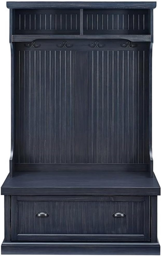 Pemberly Row Modern Wood 4 Hook Hall Tree in Distressed Navy