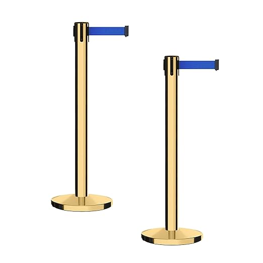 Montour Line MI650 Set of 2 Retractable Belt Barrier Stanchion, Cast Iron Base, Polished Brass Post (16 ft Blue Belt)