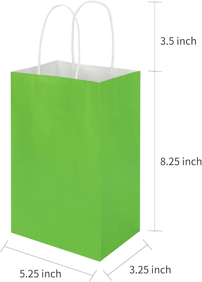 100 Pack 5.25x3.25x8.25 Inch Small Grass Green Kraft Paper Bags with Handles Bulk, Toovip Gift Wrap Bags for Favor Grocery Retail Party Birthday Shopping Business Goody Craft Merchandise Takeout Sacks