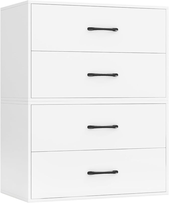 GOFLAME Stackable 2-Drawer Dresser Set of 2, Wood Horizontal Storage Organizer with Metal Handle & Smooth Sliders, Lateral File Cabinet with Anti-tilt Kit for Bedroom Office, White