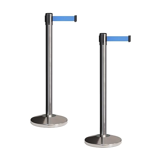 CCW Set of 2 Retractable Belt Barriers Stanchion, Polished Stainless Steel Post, RBB-100 (11 Foot Belt, Light Blue Belt)