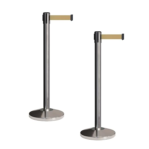 CCW Set of 2 Retractable Belt Barriers Stanchion, Polished Stainless Steel Post, RBB-100 (11 Foot Belt, Light Brown Belt)