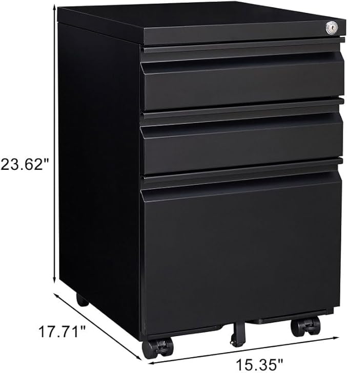 Lispin 3-Drawer Mobile Filing Cabinet with Lock, Office Storage Filing Cabinet of Legal/Letter Size, to be Installation Required (Black + Metal)