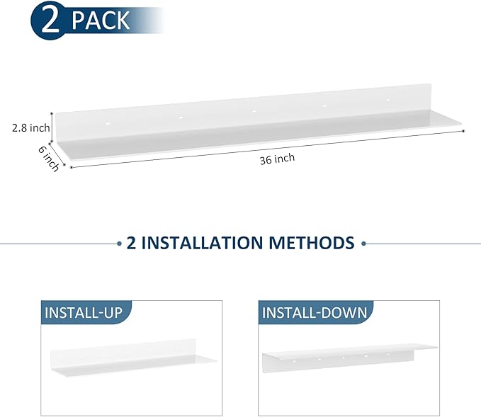 36 Inches Acrylic Wall Shelves 2 Pack, Floating Shelf for Wall Mounting, Acrylic Display Ledges for Funko Pop Figures, Home Décor, Living Room, Gaming Room, Plants(36 inch, White)
