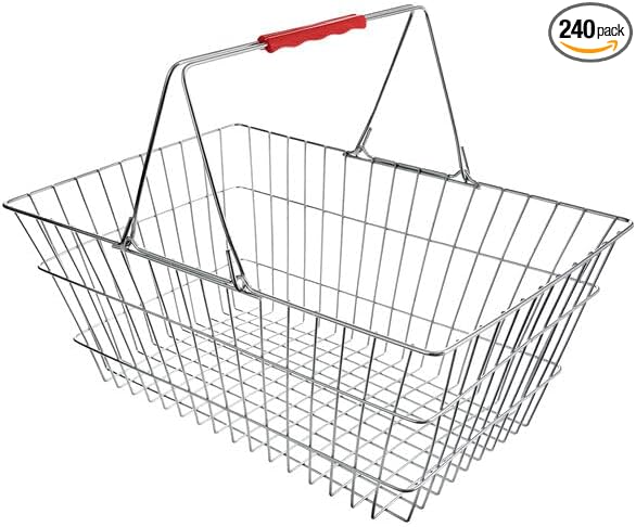 Chrome Shopping Basket with Red Handles, Metal Construction, 17.75 x 12.75 x 7.5 Inches, 40 lb Capacity, Nesting Design for Retail