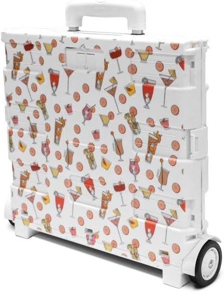 Inspired Living Ultra-Slim Rolling Collapsible Storage Pack-N-Roll Utility-carts, with Telescopic Handle, for Home, Garden, Shopping, Office, School use, Large, White, Cocktail Print