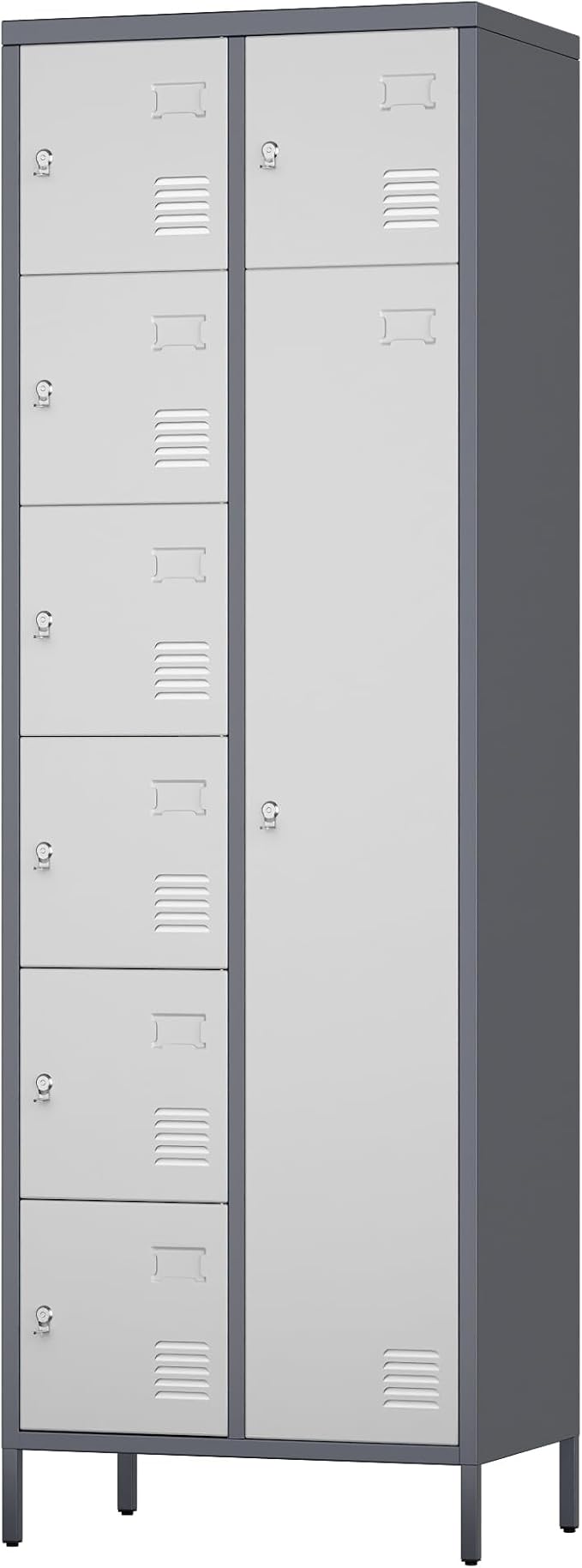 Aobabo 72" H Metal Lockable Storage Locker 7 Small Doors and 1 Big Door, Metal Lockers for empolyees with Hooks, for School Home Office Assembly Required, 8 Doors, Grey White