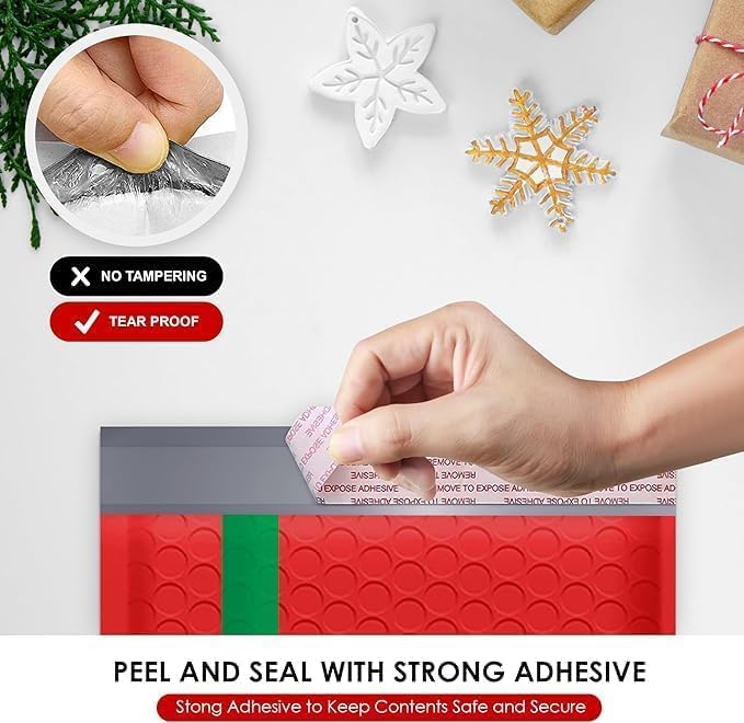 Christmas 10x13 Inch Poly Bubble Mailers |Self Seal Padded Envelopes for Thick books | Air Cushioned Bubble Mailer | Usable Size 9.5x13 Inch | Waterproof Lightweight Mailing | 100 Pack Bulk