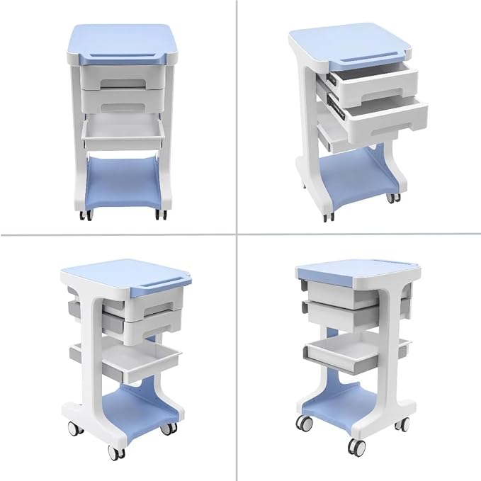 Professional 3-Tier 2-Drawer Salon Trolley Cart with Wheels Utility Cart with Drawers Mobile Storage Cart, Max 50kg/110lb Load, 16.14 * 16.14 * 26.38in (Blue)