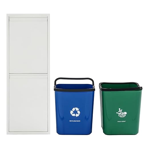 Recycling Trash Cabinet with 2 Bins & Tilt-Out Door – 15-Gallon Stainless Steel Organizer for Kitchen, Garage – Dual Waste Sorting System for Homeowners (White)