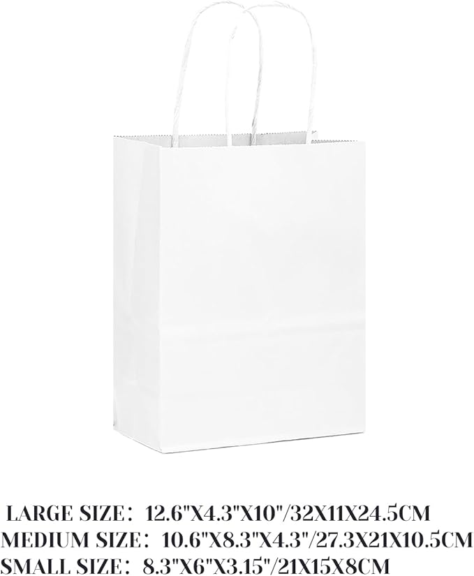 qiqee 100-Packs White Paper Gift Bags with Handles Assorted Sizes(33pcs Large 13", 33pcs Medium 11", 34pcs Small 8")