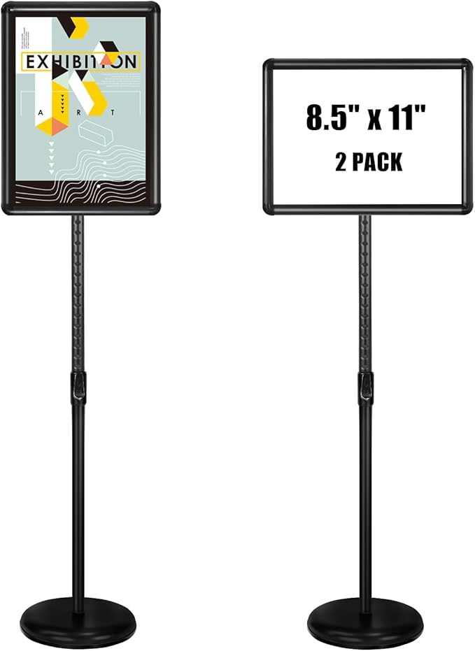 Sign Stand Adjustable Pedestal Sign Holder Stand, Poster Stand Aluminum Snap Open Frame for 8.5X11 Inches with Heavy Round Base, Both Vertical and Horizontal Sign Displayed (8.5x11inches(2pack))