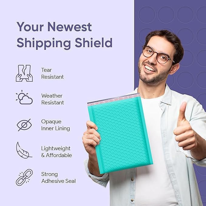 Teal 10.5x16 Inch Poly Bubble Mailers #5 | Self Seal Large Padded Envelopes | Air Cushioned Bubble Mailer | Usable Size 10.5x15 Inch | Waterproof Lightweight Mailing Shipping Bags | 100 Pack Bulk