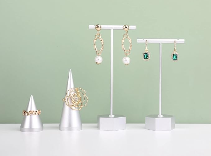 GemeShou Metal 2pcs Earring T Stand Silver Retail Display Holder for Show, White T Bar Jewelry for Online Store Photography 【Silver-Hexagon Base 2pcs Height 4.5" and 5.3"】