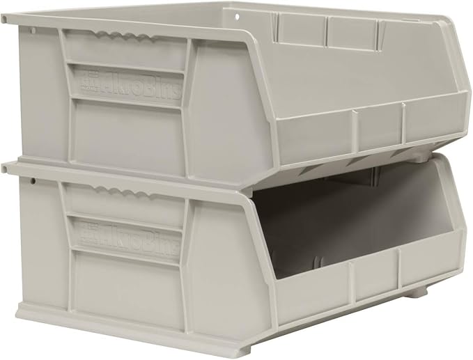 Akro-Mils 30250 AkroBins Plastic Storage Bins, Space-Saving Stackable Bins for Garage, Pantry, Craft Organization, 15" x 16" x 7", Stone, 6-Pack