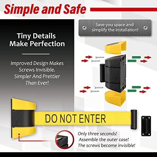 DuraSteel Wall Mount Retractable Belt Barrier - 6.5 Ft Yellow “Do Not Enter” Belt in Black & Yellow Case - Guardian 2.0 Indoor/Outdoor Caution Tape - Crowd Control Queue Barrier, Line Divider, 10 Pcs