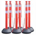 6 Pack 40 Inch Traffic Delineator Posts with Fillable Base and 6.6FT Plastic Chain, Safety Delineator Post Cones with 2 White Reflective Stripes for Construction Work (Red)