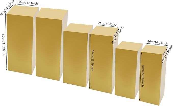 6pcs Metal Square Pedestal Stand, 23.6"/25.6"/31.5" Gold Display Plinth Pillars for Party, Decorative Cube Sculpture Column, Tall Pedestal Cake Stands for Wedding Ceremony