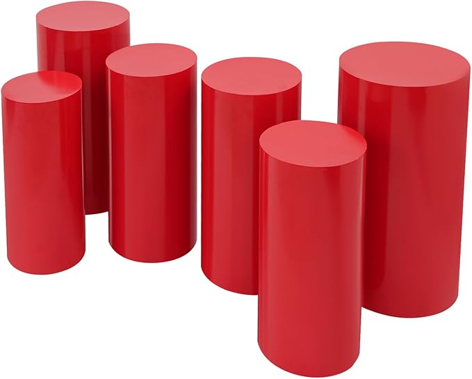 OUKANING 6 PCS Metal Display Pedestal Stands, Red Cylinder Display Stands Pillars, Decoration Cube Sculpture Display Column for Wedding Party Baby Shower Birthday, H27.56'', 26'', 23.62''