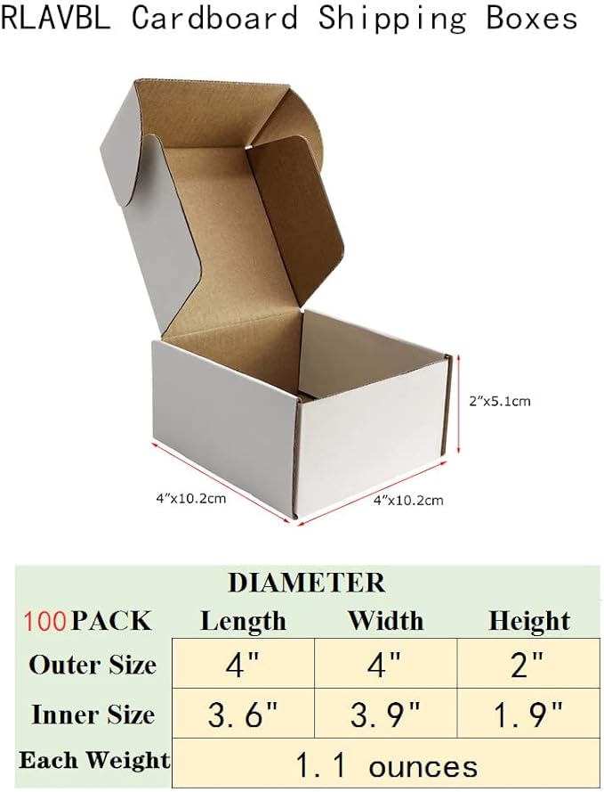 RLAVBL 4x4x2 Shipping Boxes Set of 100, White Small Corrugated Cardboard Box, Mailer Box