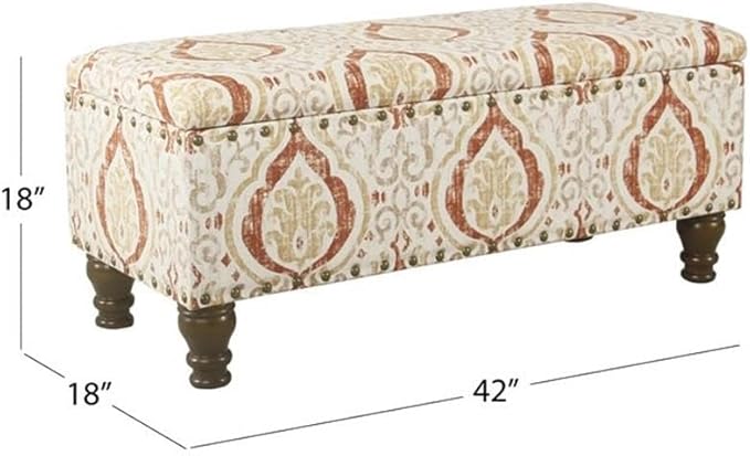 Homepop Home Decor | Upholstered Bench with Nailhead Trim | Large Ottoman with Storage for Living Room & Bedroom | Decorative Home Furniture, Orange and Cream Medallion