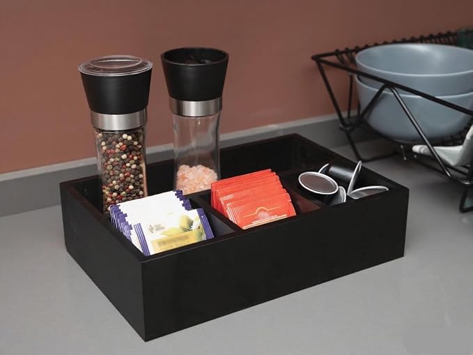Tea Bag Organizer Wood Black, 4 Compartments Tea Bag Holder, Large Capacity Sugar Packet and Coffee Station Organizer, Tea Bags Caddy Drawer Storage Container for Countertop