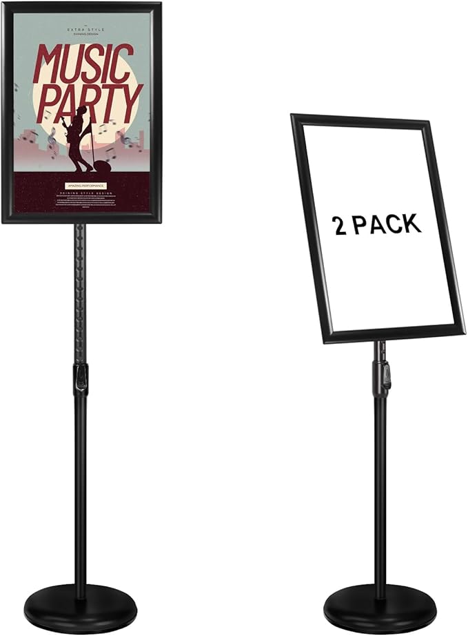 Adjustable Poster Sign Stand with Heavy Duty Base Sign Holder Aluminum Snap Open for 11x17 inches Both Vertical and Horizontal View Displayed Used for Living and Business(Black-2pack)