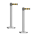 Montour Line MI650 Set of 2 Retractable Belt Barrier Stanchion, Cast Iron Base, Polished Stainless Steel Post (16 ft Black and Yellow Diagonal Belt)