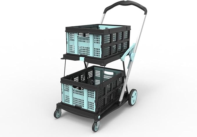 Foldable Shopping Cart, 200 lbs Capacity Grocery Cart on Wheels with Two Collapsible Crate Heavy Duty Collapsible Carts with Foot Brake for Groceries, Office, Warehouse and Supermarket