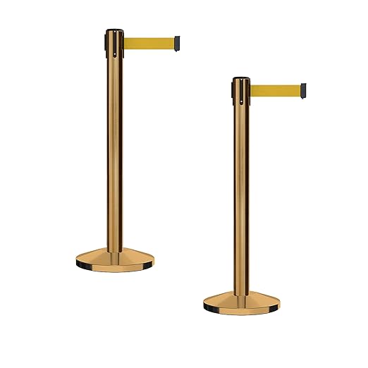 Crowd Control Warehouse CCW Series RBB-150 - Set of 2 Stanchion Retractable Belt Barriers - 16 Foot, Yellow Belt with Satin Brass Steel Post - Easy Assembly