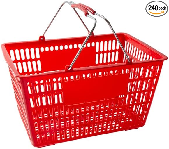Red Plastic Shopping Basket with Steel Handles, 18 11/16 x 12 3/8 Inch, 32L Capacity, 55 lb Weight Limit, Stackable Design, 12 Pack