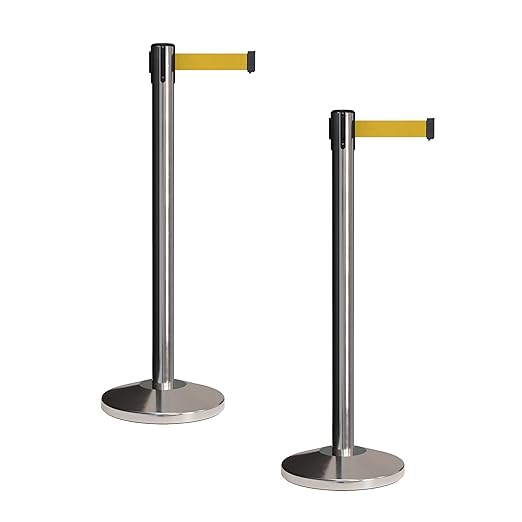 CCW Set of 2 Retractable Belt Barriers Stanchion, Polished Stainless Steel Post, RBB-100 (9 Foot Belt, Yellow Belt)
