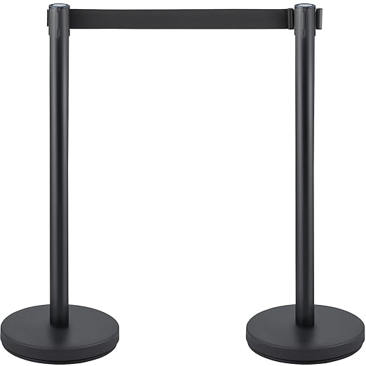 VEVOR Crowd Control Stanchion Set, Stanchion Set with 6.6 ft/2 m Black Retractable Belt, Black Crowd Control Barrier w/Concrete and Solid Metal Base - Easy Connect Assembly (6)