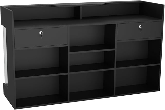 72" W x 22" D x 42" H - Ledgetop Checkout Counter with Glass Showcase View Front, Black Wooden Cash Register Stand with Showcase,Retail Glass Display Cabinet Counter