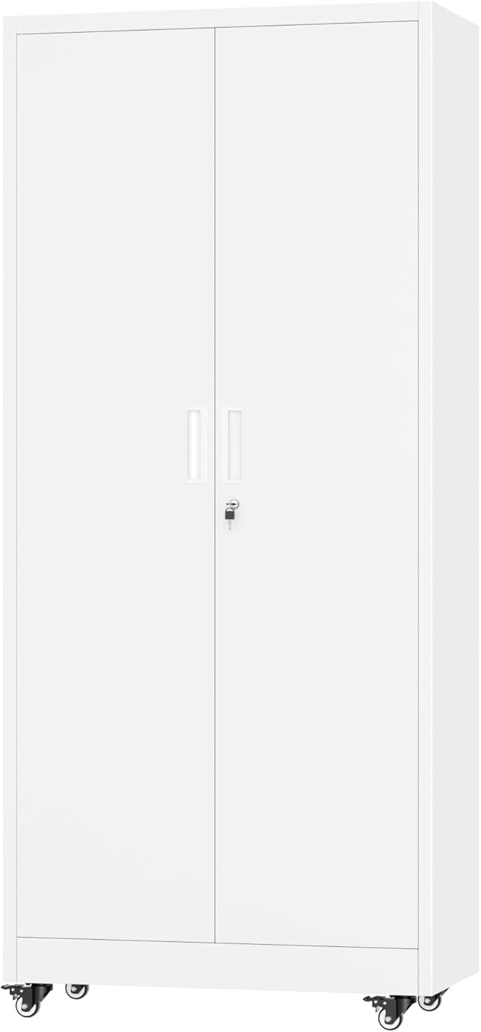 Greenvelly 73" Storage Cabinet with Wheels,Metal Rolling Garage Cabinet with Locking Doors and 4 Adjustable Shelves for Home,Kitchen,Office,Warehouse(32" W x 16" D White)