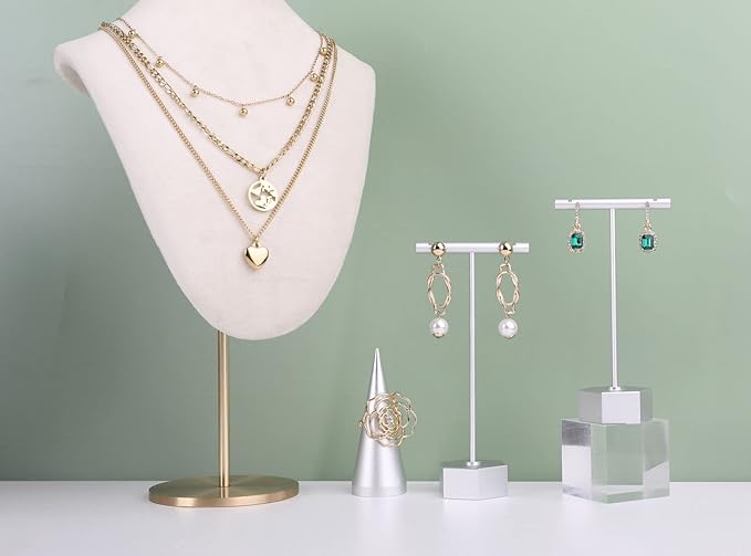 GemeShou Metal 2pcs Earring T Stand Silver Retail Display Holder for Show, White T Bar Jewelry for Online Store Photography 【Silver-Hexagon Base 2pcs Height 4.5" and 5.3"】