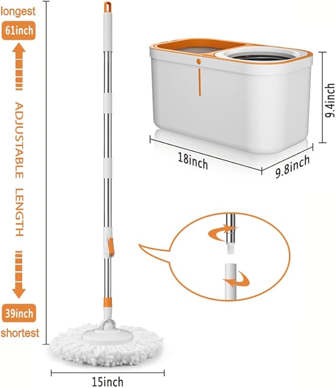 Spin Mop Bucket with Wringer System Extended Mop Handle 61＂Mop and Bucket for Floors Cleaning with 5 Replacement Head Refill 1 Cleaning Brush Head
