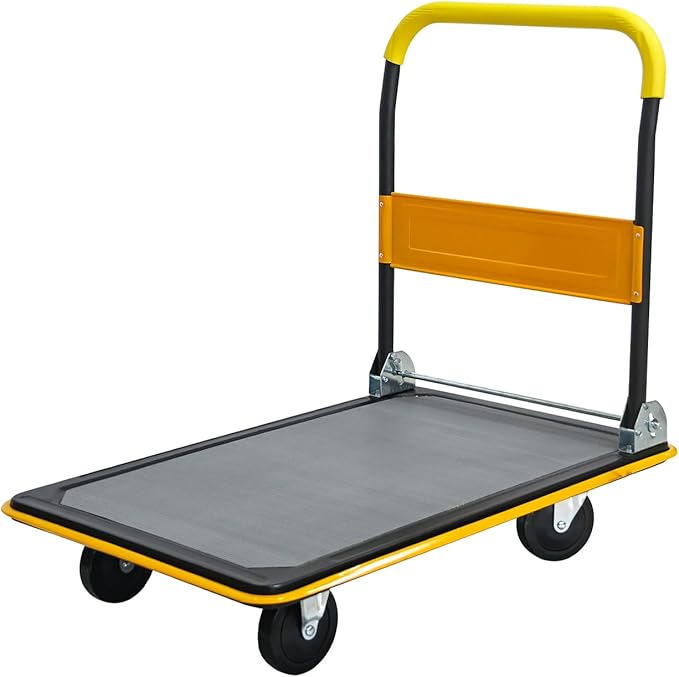 660lbs Large Size Heavy Duty Yellow Flatbed Cart, Foldable Platform Hand Truck with 360° Swivel Wheels, Steel Utility Dolly for Warehouse, Moving & Storage