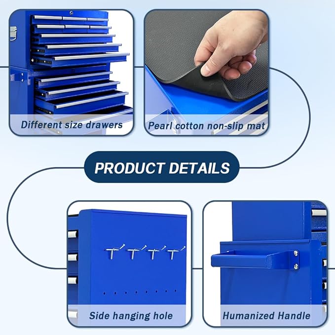 13-Drawer Rolling Tool Chest, 2-in-1 Heavy Duty Detachable Storage Cabinet with Lockable Wheels & Removable Top Box, 600 lbs Capacity for Mechanics, Garage Workshop (Blue)