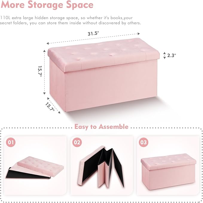 B FSOBEIIALEO Folding Storage Ottoman, Long Ottomans Shoes Bench, Velvet Storage Chest Footrest Seat 31.5"x15.7"x15.7" (Pink, Large)
