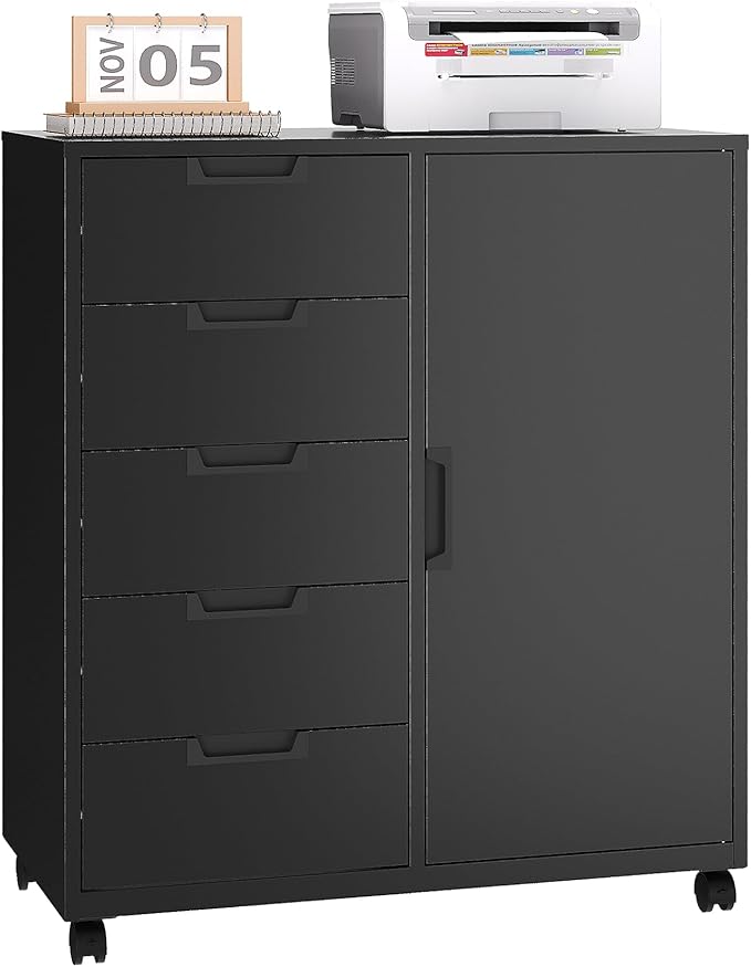 5 Drawer Metal Storage Cabinet, Mobile Office Storage Cabinet, Printer Stand with Storage, Craft Cabinet Dresser Chest for Home Office (Black)