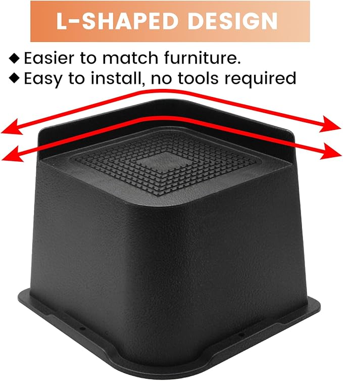 Bed Risers 2 inch, 3 inch, 4 inch, 6 inch or 8 inch Heavy Duty Furniture Risers, Up to 6000 Lbs L Shaped Design Bed Lifts Blocks for Couch Desk Sofa Table (Black, 4 Inch 8 Pack)