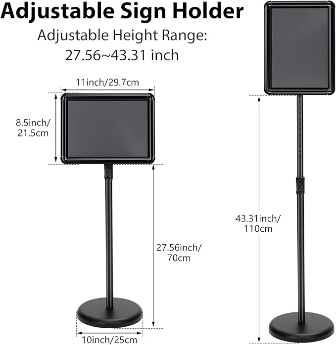 6 Pack Adjustable Sign Stand Holder 8.5'' x 11" Heavy Duty Floor Standing Sign with Base and Snap open Frame Pedestal Stand for Indoor Outdoor Display Vertical Horizontal View (Round Corner)