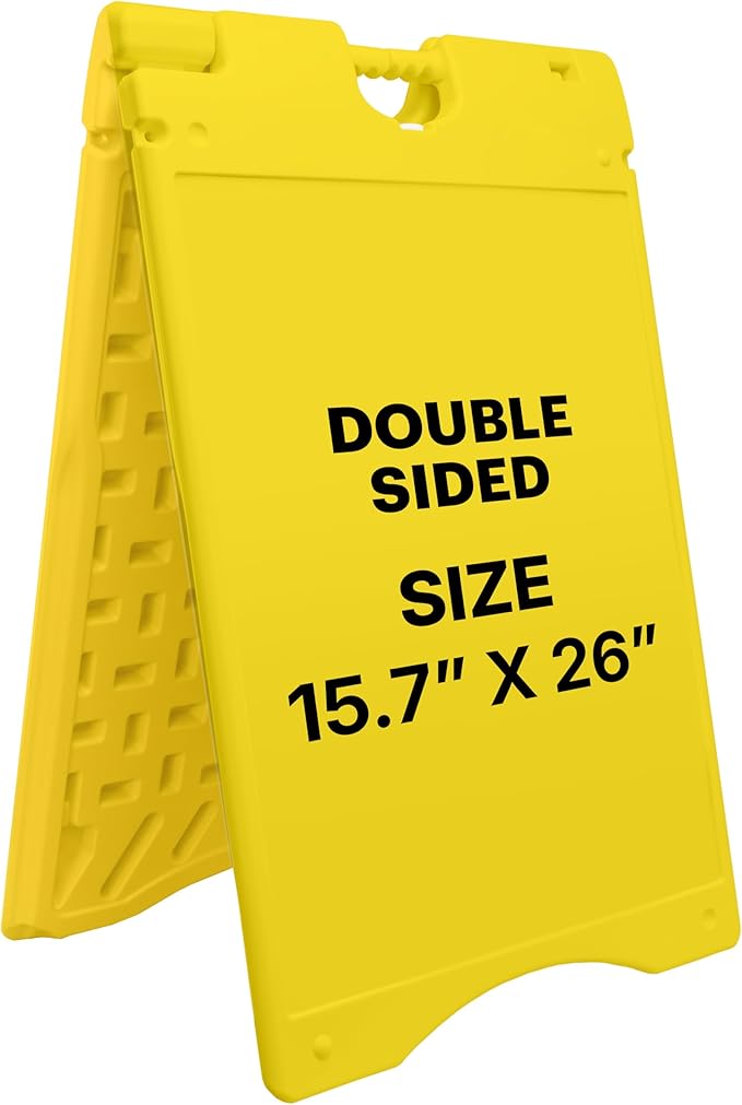 Jumbl A-Frame Signboard 15.7” x 26” Display Surface – Small Outdoor Sandwich Board w/Weather Resistant PVC Sign Protector & Sand Fill Holes – Dual Signage Stand for Storefront Sidewalk Curb (Yellow)