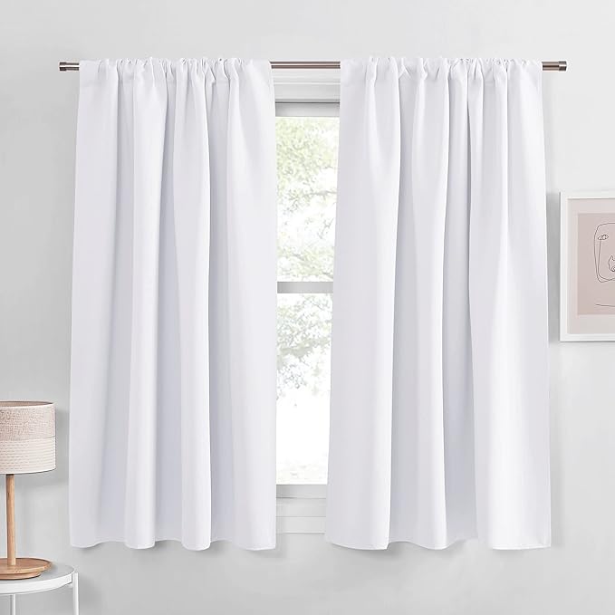 PONY DANCE 45 inch Long Curtains - Small Curtains for Bathroom Windows, Room Darkening Drapes 2 Panel Set Thermal Insulated Window Draperies for Kitchen Home Office, Pure White